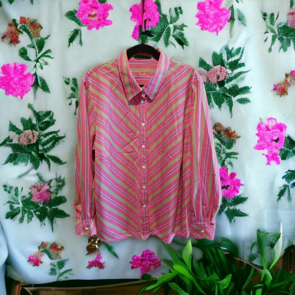 Foxcroft Wrinkle Free Button-Down Classic Shirt Striped Womens Sz 22W Pink Grn